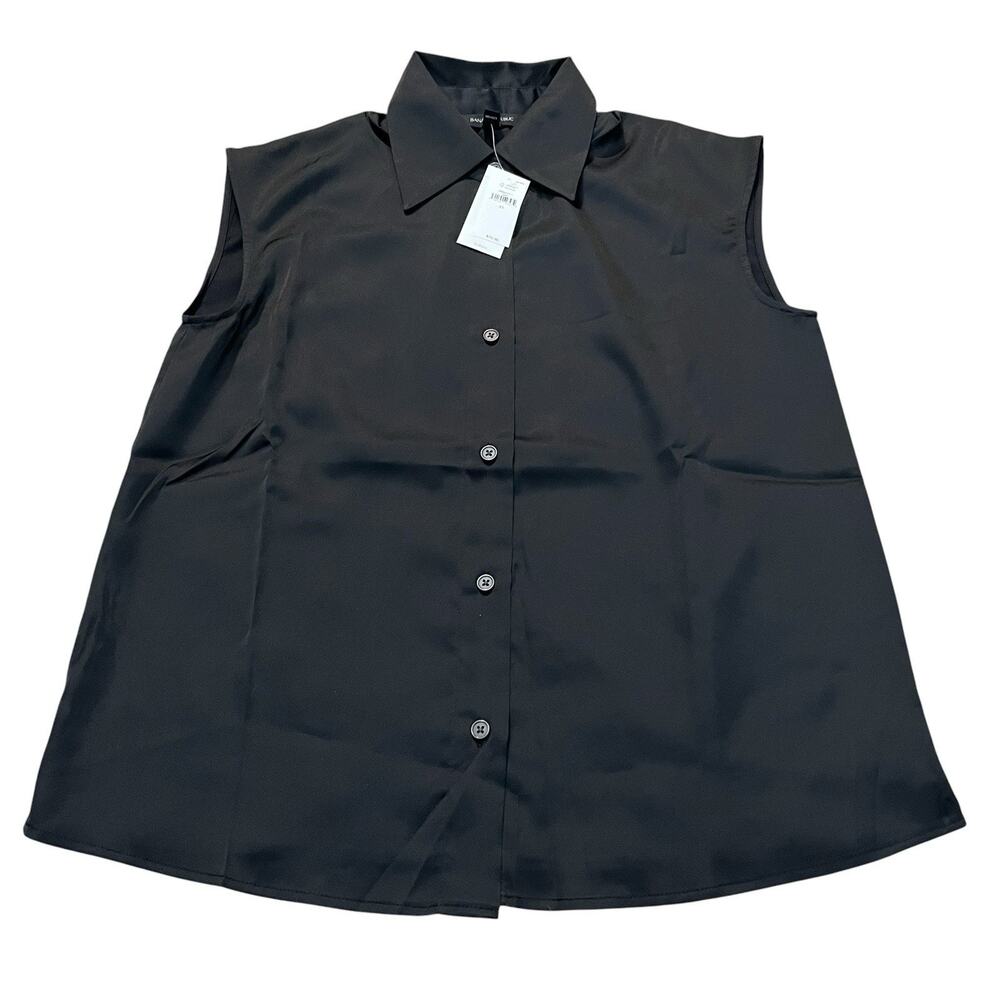 Banana Republic Satin Button Down Tank Top XS Black Collared Minimalist Classic